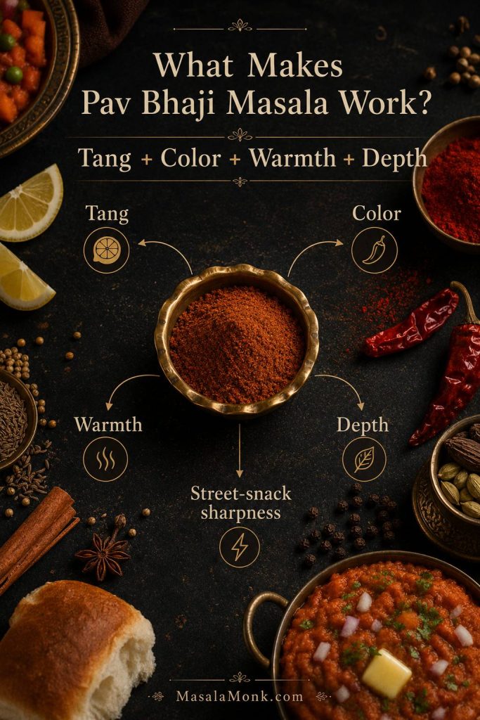 Bowl of pav bhaji masala surrounded by flavor labels for tang, color, warmth, depth, and street-snack sharpness.