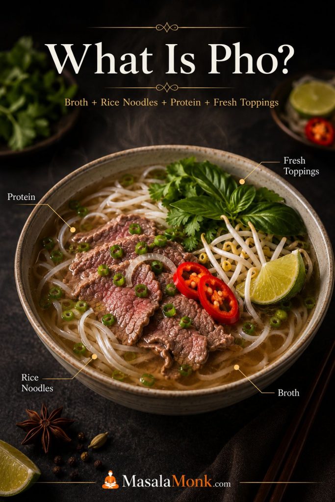 Pho bowl with callouts for broth, rice noodles, protein, and fresh toppings such as herbs, sprouts, lime, chili, and scallions.