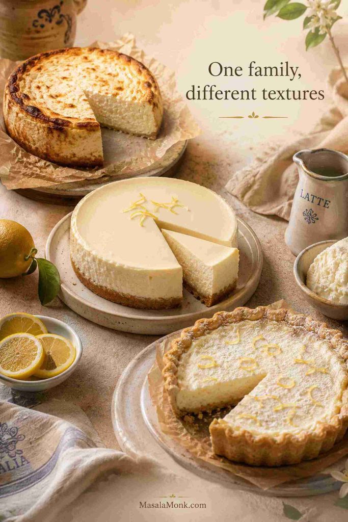 Three ricotta desserts showing rustic ricotta cheesecake, creamy ricotta cheesecake, and ricotta pie