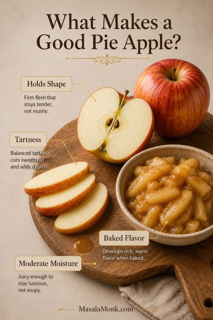 Sliced apples and cooked apple filling with callouts for holding shape, tartness, baked flavor, and moderate moisture.