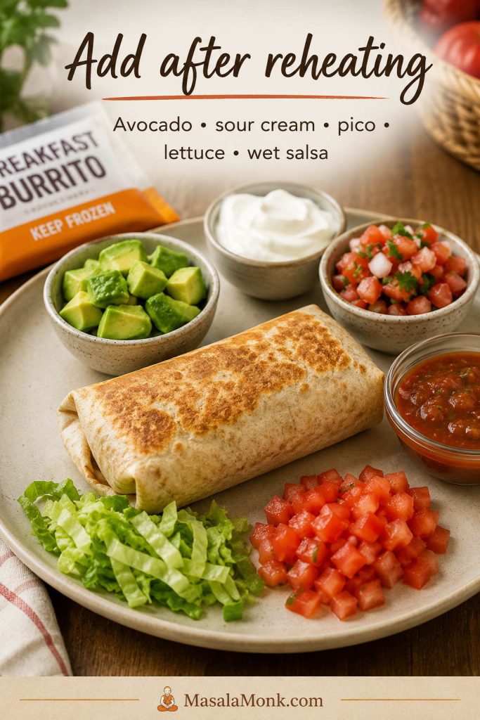 Avocado, sour cream, pico de gallo, lettuce, tomato, and salsa shown beside a breakfast burrito as toppings to add later