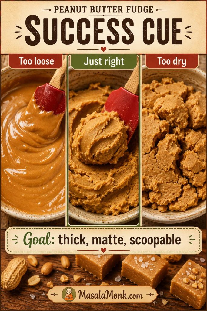 Three-panel texture guide showing peanut butter fudge mixture that is too loose, just right, and too dry before chilling.