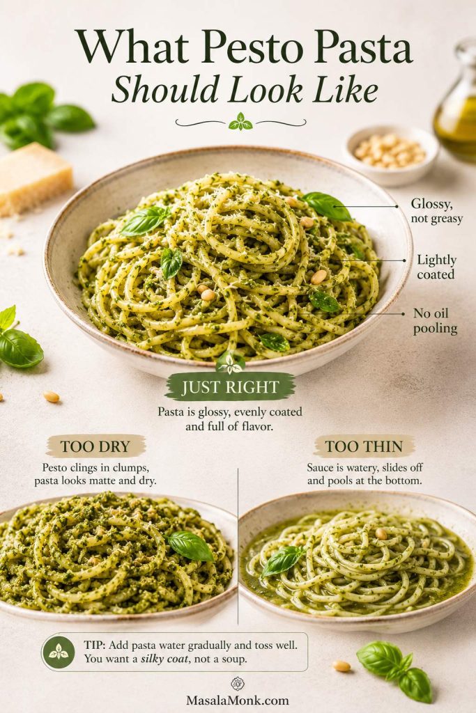 Pesto pasta texture guide comparing too dry, just right and too thin sauce