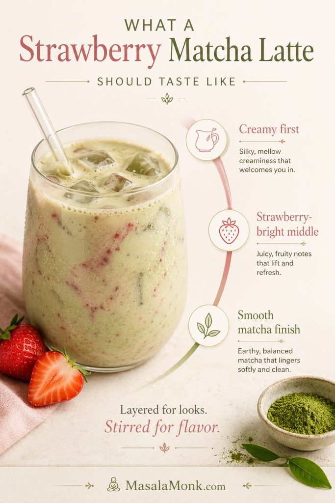 Stirred strawberry matcha latte with flavor callouts for creamy first, strawberry-bright middle, and smooth matcha finish.