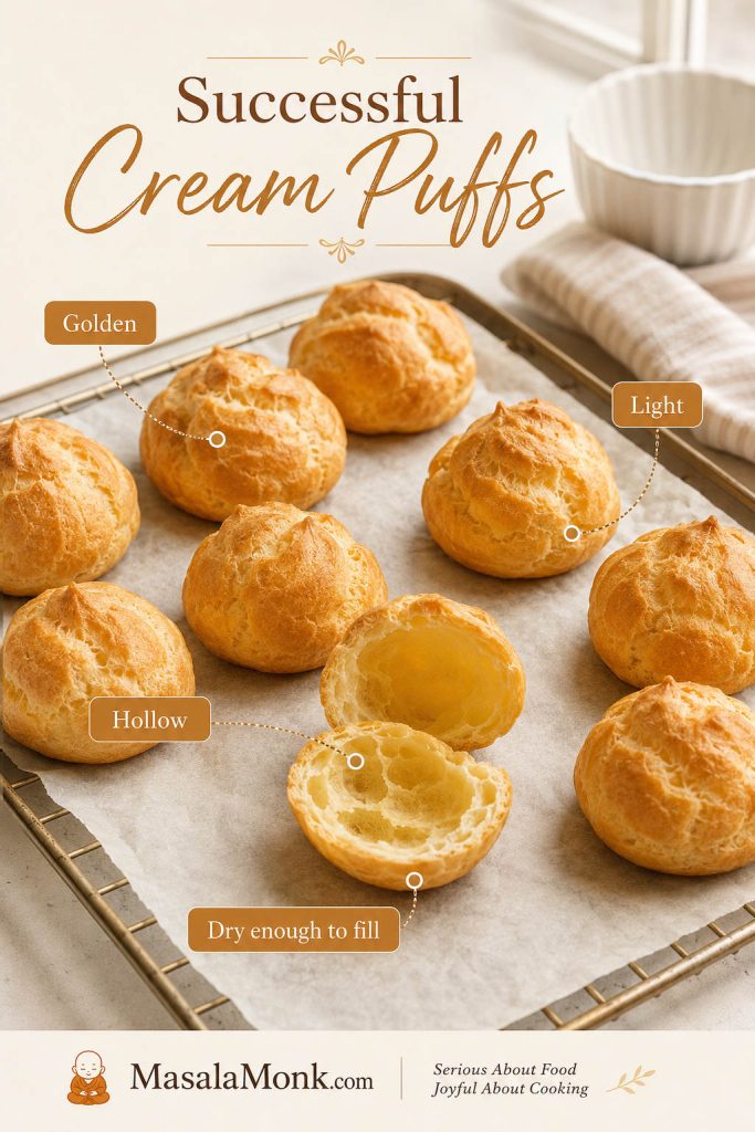Tray of successful cream puff shells with callouts for golden color, light texture, hollow center, and dry structure.