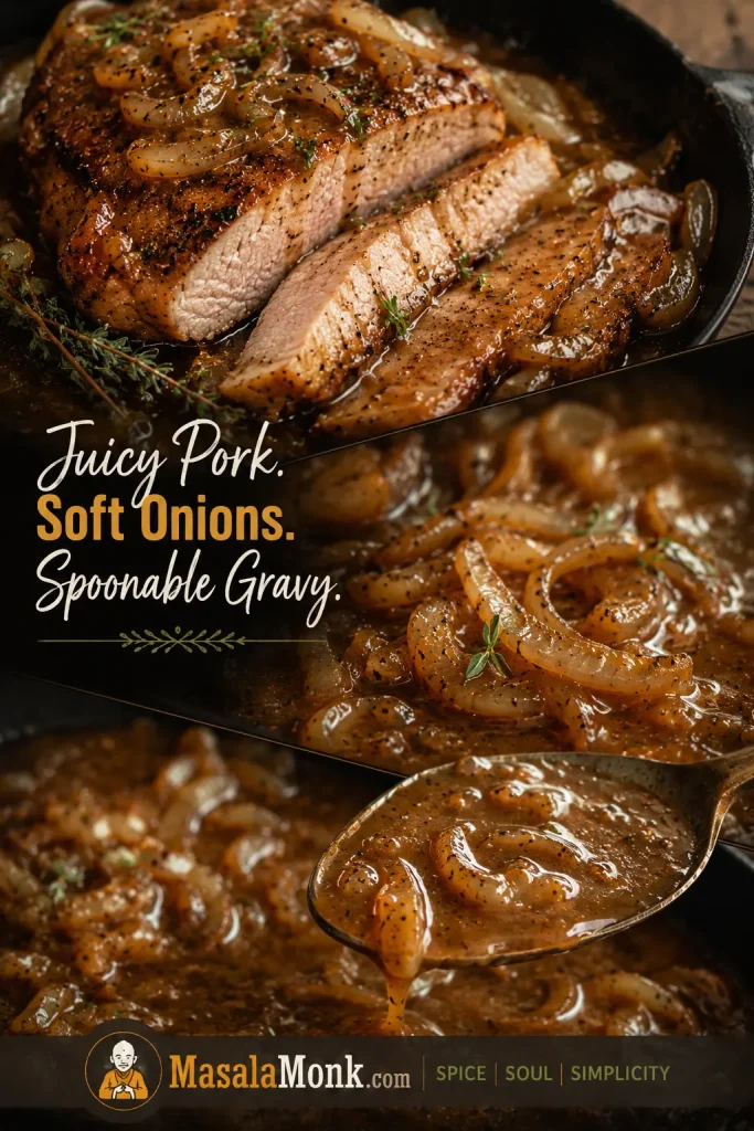 Success guide showing sliced juicy pork, soft onions, and spoonable gravy for smothered pork chops.