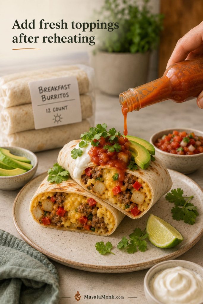 Reheated breakfast burrito cut open and topped with salsa, avocado, cilantro, lime, and Greek yogurt after reheating.
