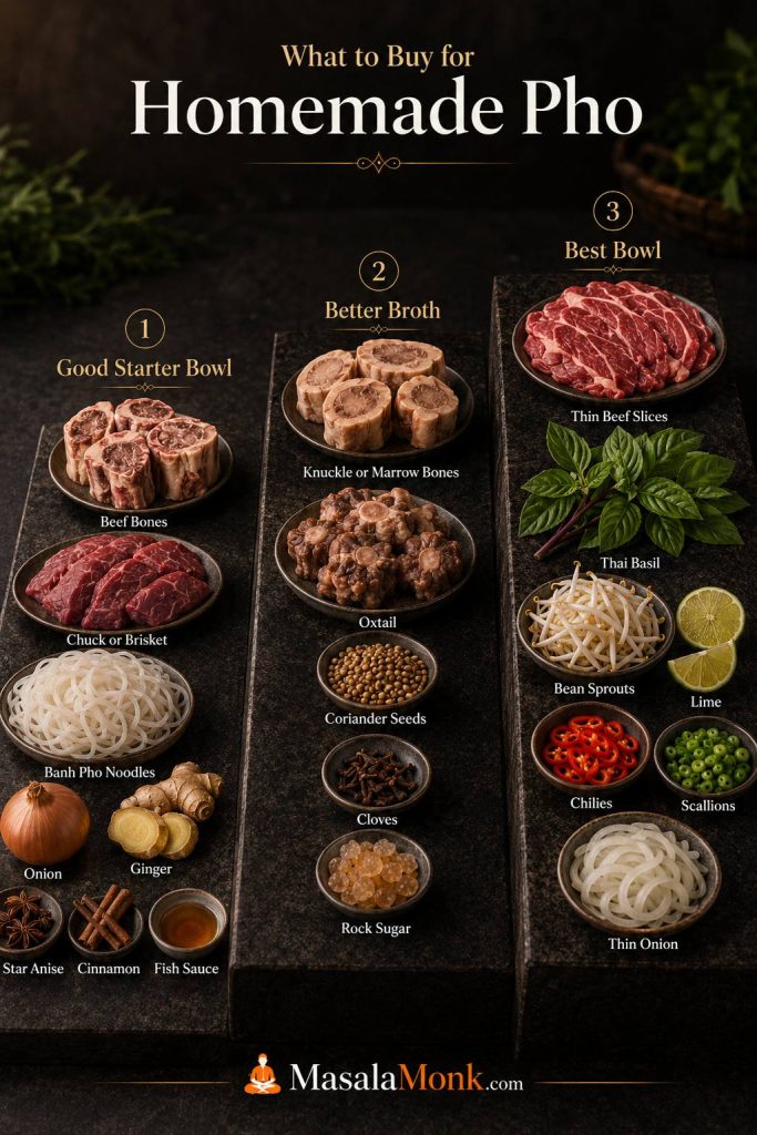Pho shopping guide with starter ingredients, broth upgrades, and fresh toppings for homemade pho.