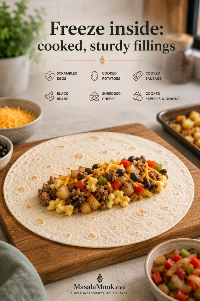 Open freezer breakfast burrito filled with cooked eggs, potatoes, sausage, beans, cheese, peppers, and onions.