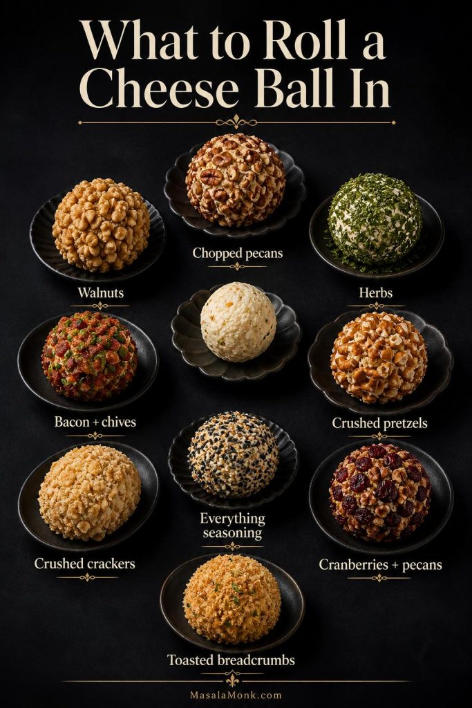 Coating guide showing cheese balls rolled in chopped pecans, walnuts, herbs, bacon and chives, crushed pretzels, crushed crackers, everything seasoning, cranberries and pecans, and toasted breadcrumbs.