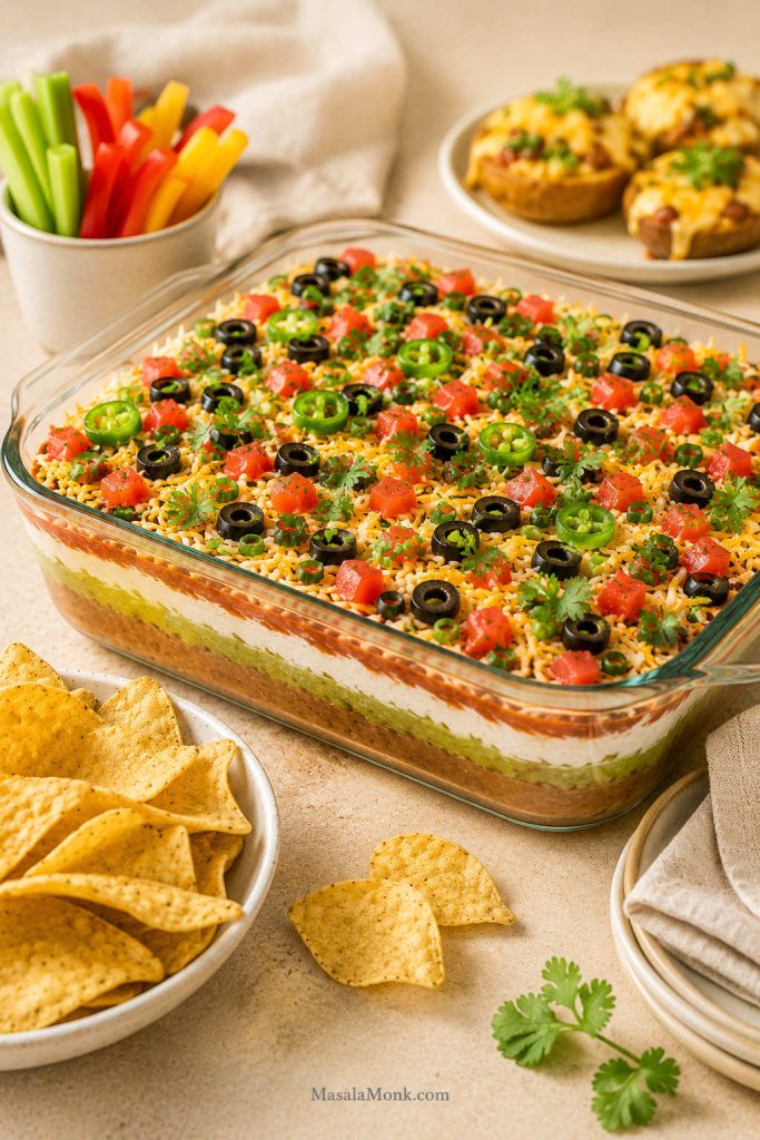 Party appetizer spread with 7 layer dip, tortilla chips, sliced vegetables, small plates, napkins, and a warm appetizer in the background.
