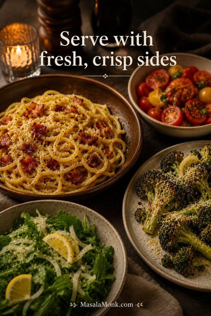 Bacon carbonara served with lemony green salad, roasted broccoli, and tomato salad on a dinner table.