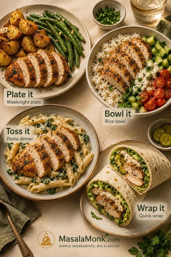 Four serving ideas for baked chicken breast including a weeknight plate, rice bowl, pasta dinner, and wrap.