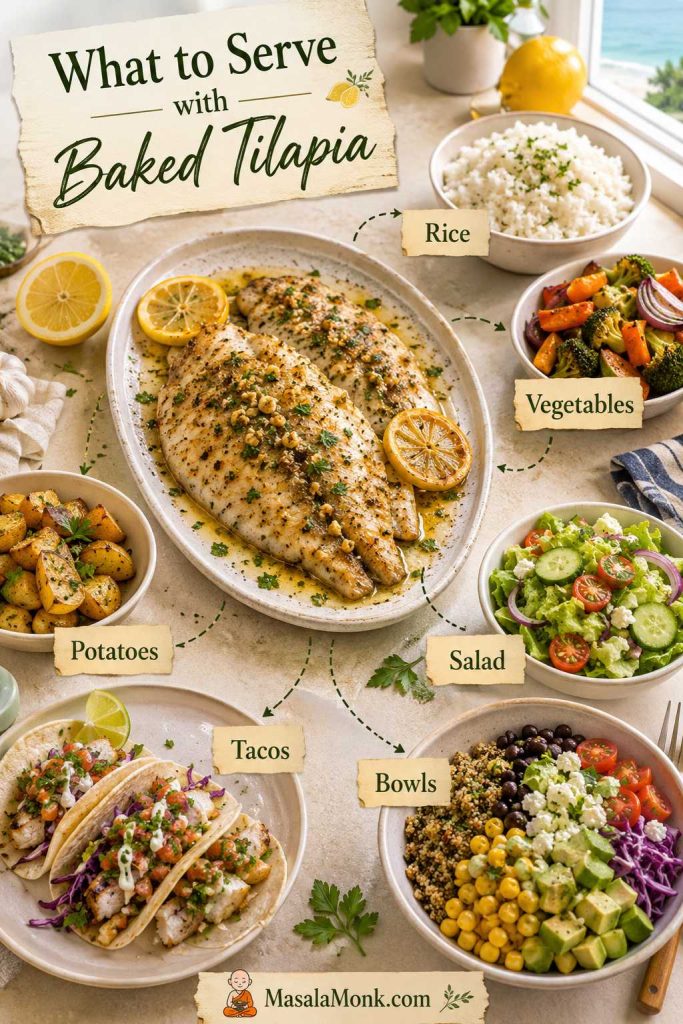 Serving ideas for baked tilapia with rice, roasted vegetables, salad, potatoes, tacos, and a grain bowl around the fish.