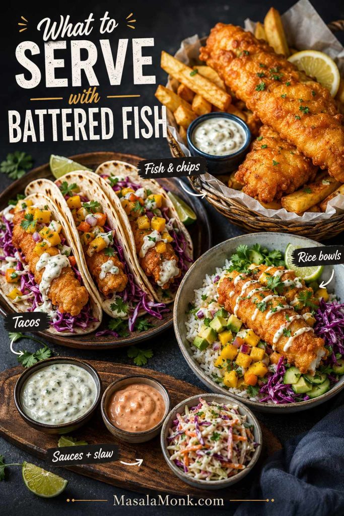 Serving spread with battered fish and chips, fish tacos, a rice bowl, dipping sauces, slaw, lime, lemon, and mango salsa