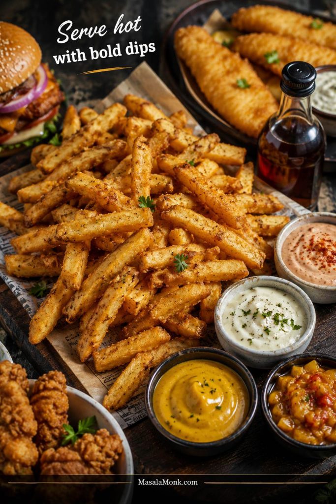 Battered fries served with dipping sauces, fish, burger, chicken, malt vinegar, and bold dips.