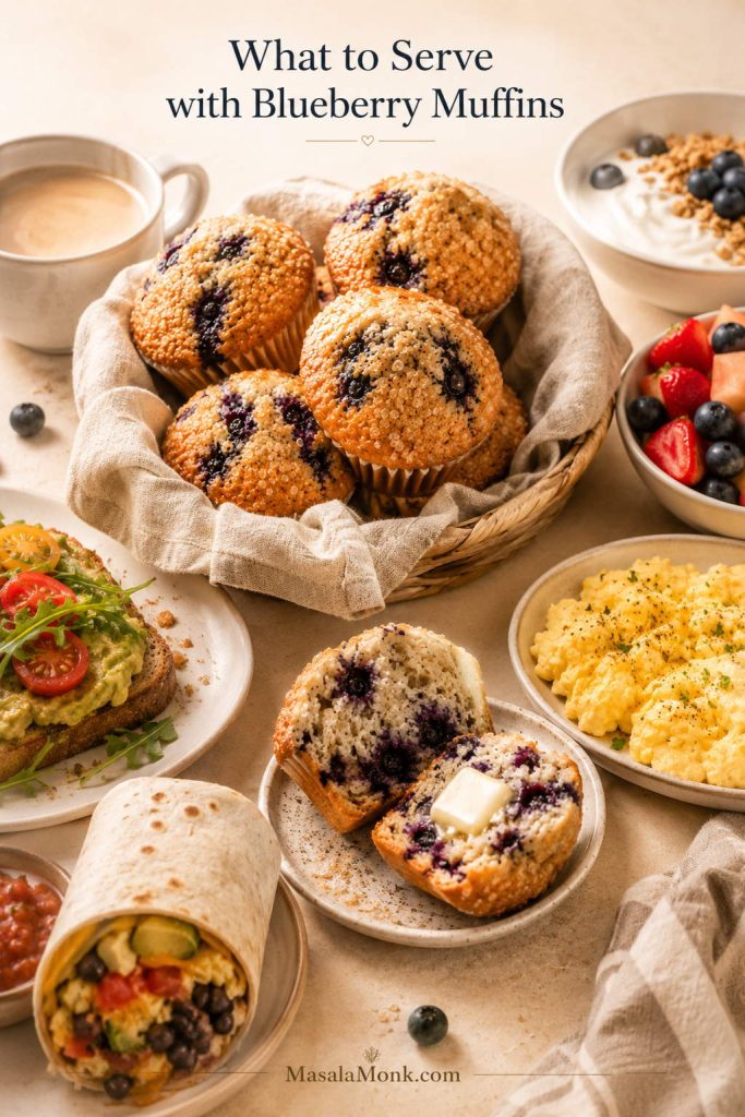 Brunch table with blueberry muffins, a split buttered muffin, coffee, yogurt, fruit, scrambled eggs, avocado toast, and a breakfast burrito.