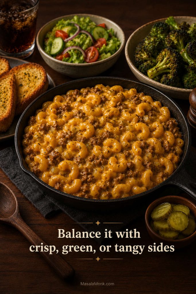 Cheeseburger macaroni served with green salad, roasted broccoli, pickles, and garlic bread on a dinner table.