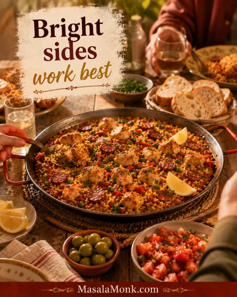 Chicken and chorizo paella served on a dinner table with lemon wedges, tomato salad, olives, crusty bread and drinks.