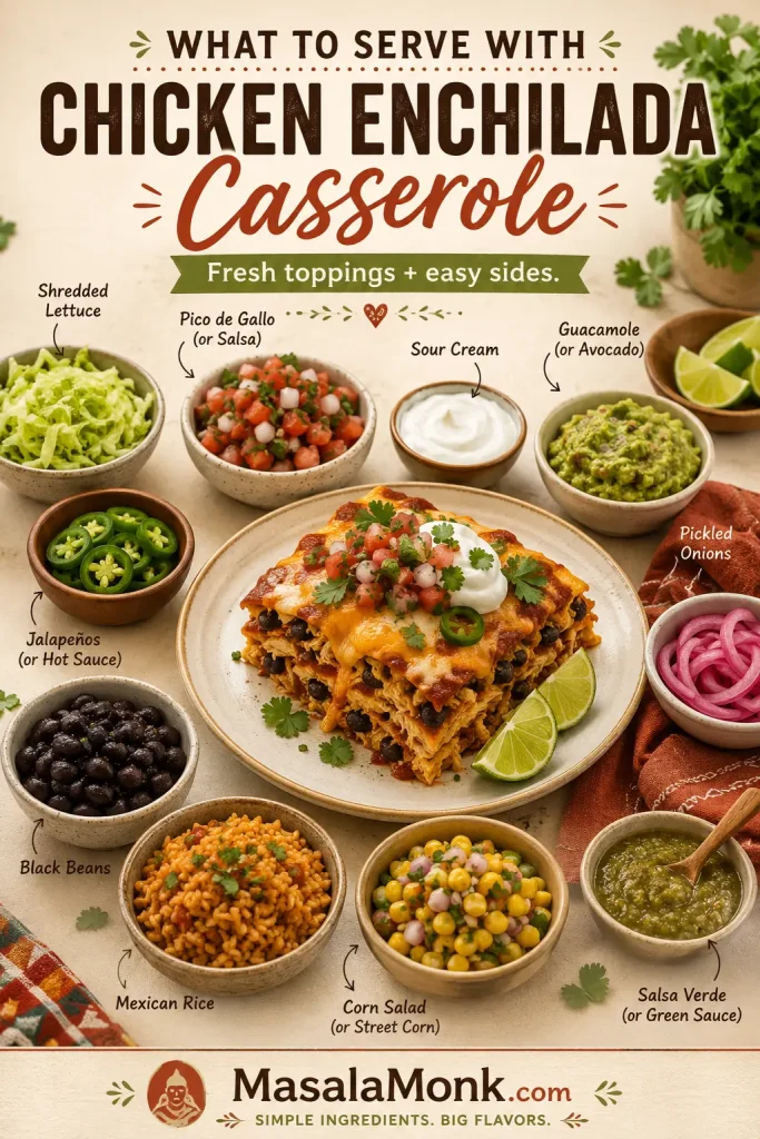Serving ideas for chicken enchilada casserole with a plated slice, lettuce, pico de gallo, sour cream, guacamole, jalapeños, beans, rice, corn salad, pickled onions, lime, and salsa verde.