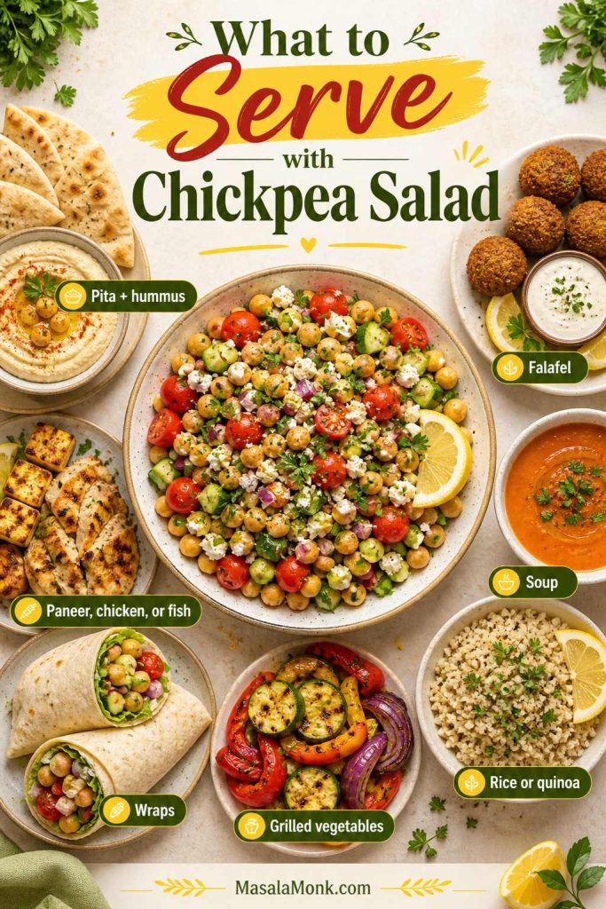 Serving ideas board for chickpea salad with pita, hummus, falafel, soup, rice or quinoa, wraps, grilled vegetables, and paneer, chicken, or fish.