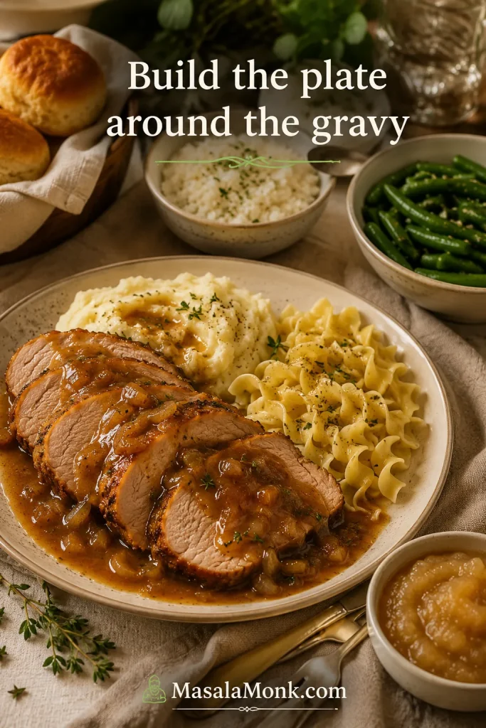 Crock pot pork loin with gravy served with mashed potatoes, egg noodles, rolls, green beans, rice, and applesauce.