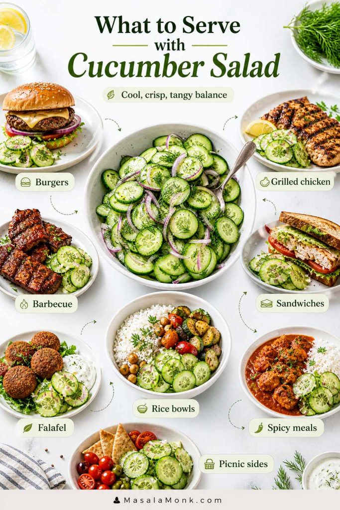 Serving ideas board showing cucumber salad with burgers, grilled chicken, barbecue, sandwiches, falafel, rice bowls, spicy meals, and picnic sides.