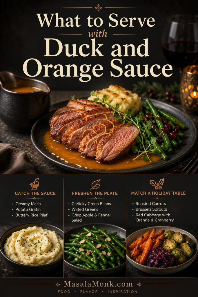 Duck with orange sauce served with potatoes, green beans, roasted vegetables, and holiday side dishes