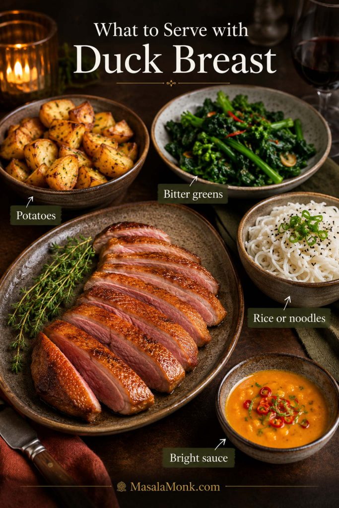 Sliced duck breast served with potatoes, bitter greens, rice or noodles, and bright orange sauce