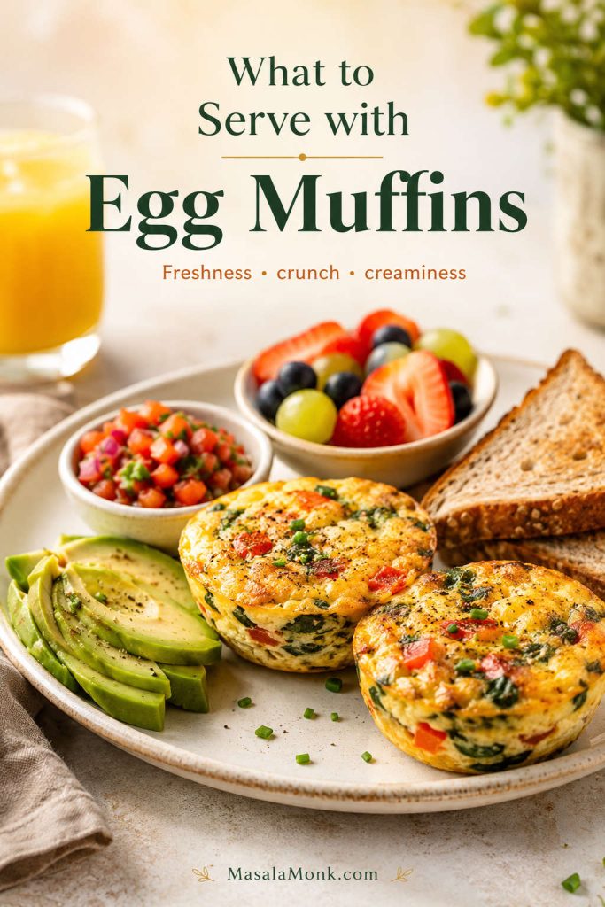 Breakfast egg muffins served with avocado, salsa, fruit, toast, and orange juice on a light breakfast plate.