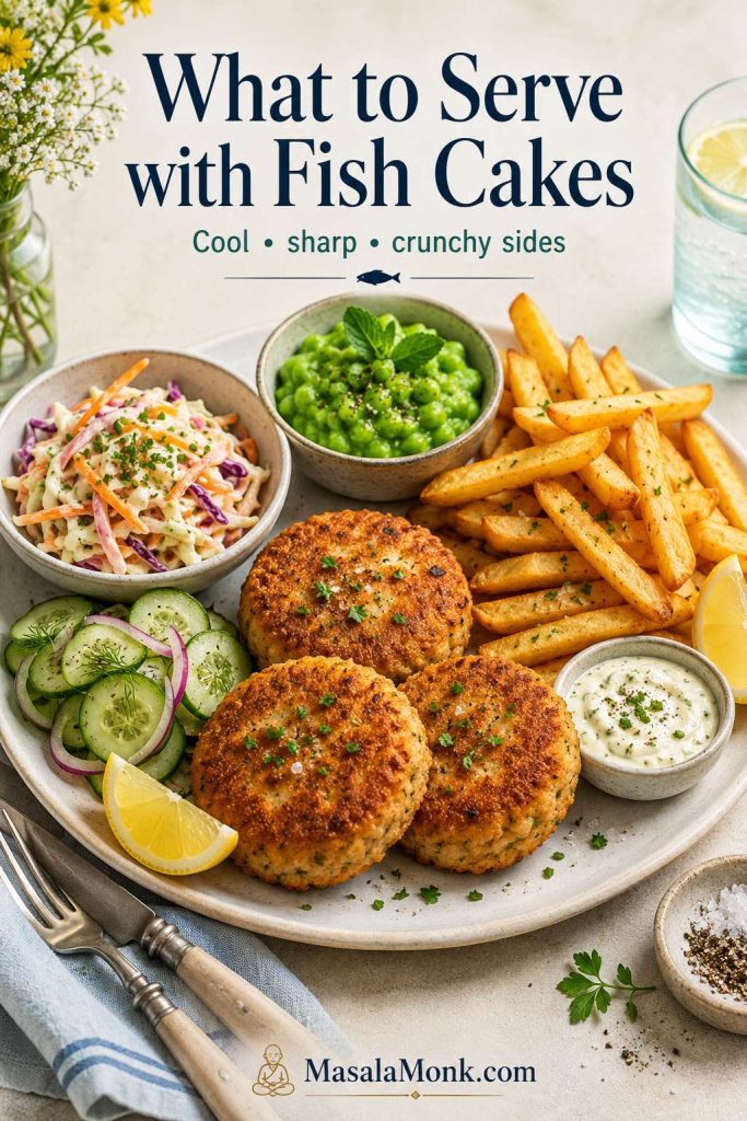 Fish cakes served with coleslaw, cucumber salad, peas, fries, lemon, and creamy sauce