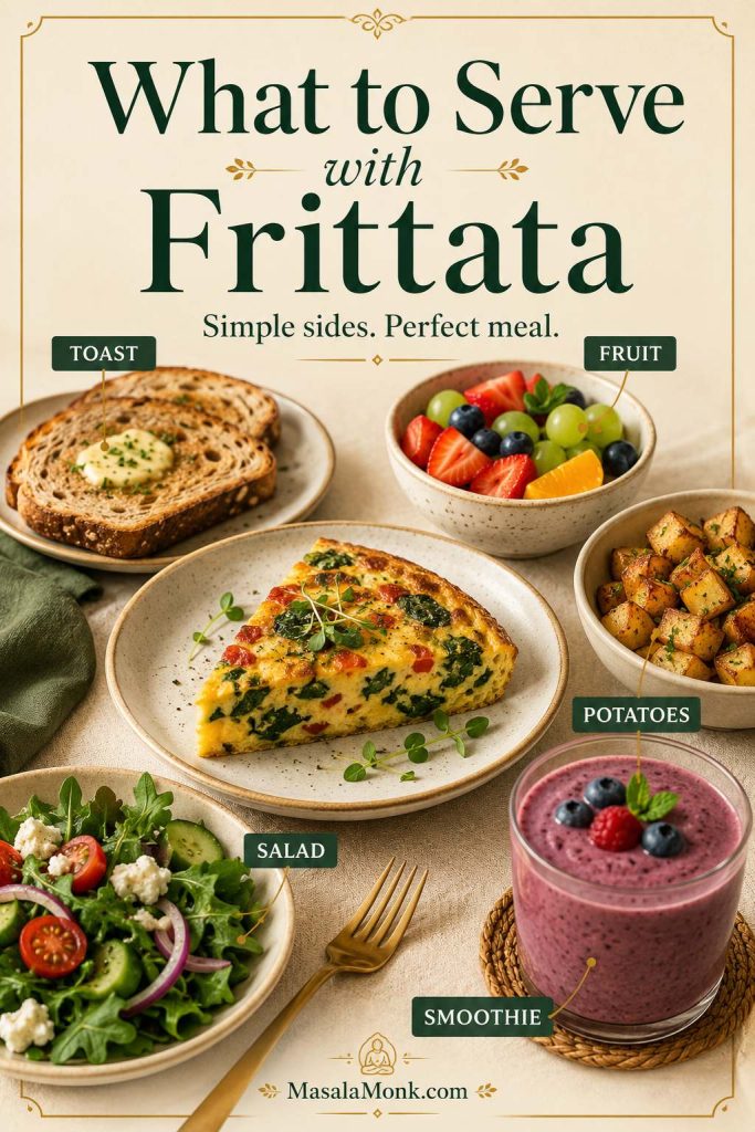 Frittata serving board with toast, fruit, potatoes, salad, smoothie, and a plated frittata wedge.