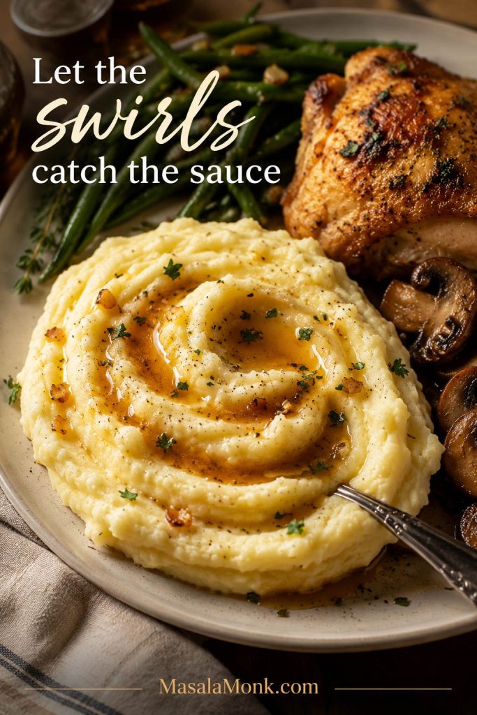 Garlic mashed potatoes served with roast chicken, gravy or pan juices, green beans, and mushrooms.