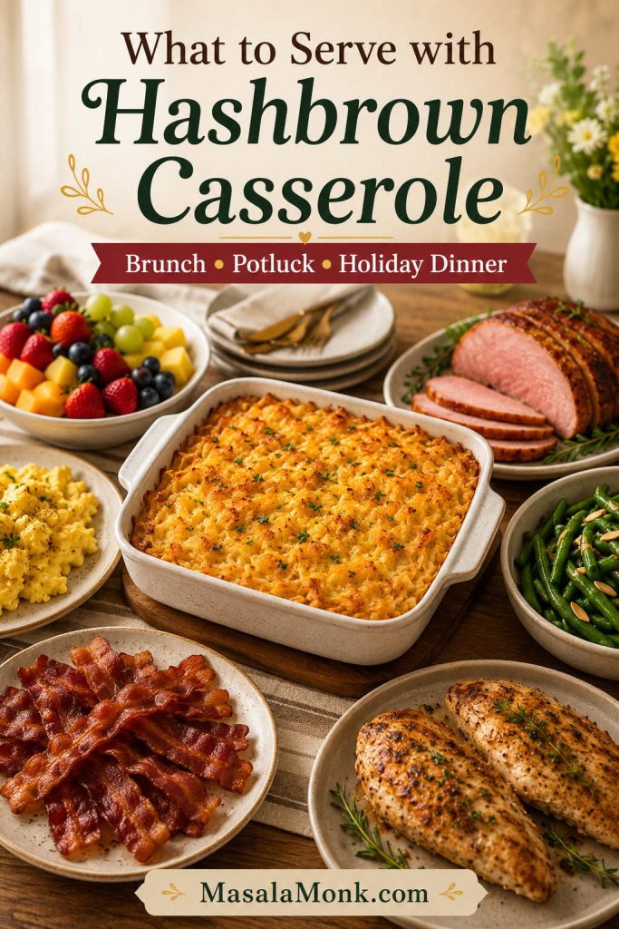 Hashbrown casserole served with brunch and dinner sides including eggs, bacon, fruit, ham, chicken, and green beans.