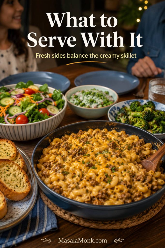 Homemade Hamburger Helper served with salad, broccoli, peas, garlic bread, and vegetables for a family-style dinner.