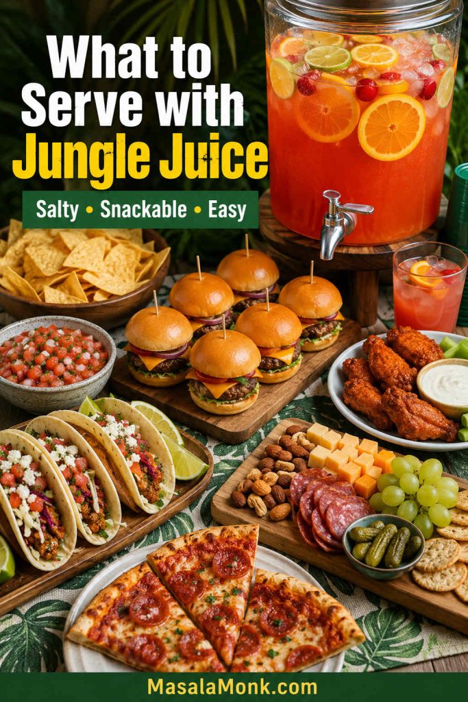 Party table with jungle juice, chips and salsa, sliders, wings, tacos, pizza, fruit, cheese, crackers, and snack board foods.