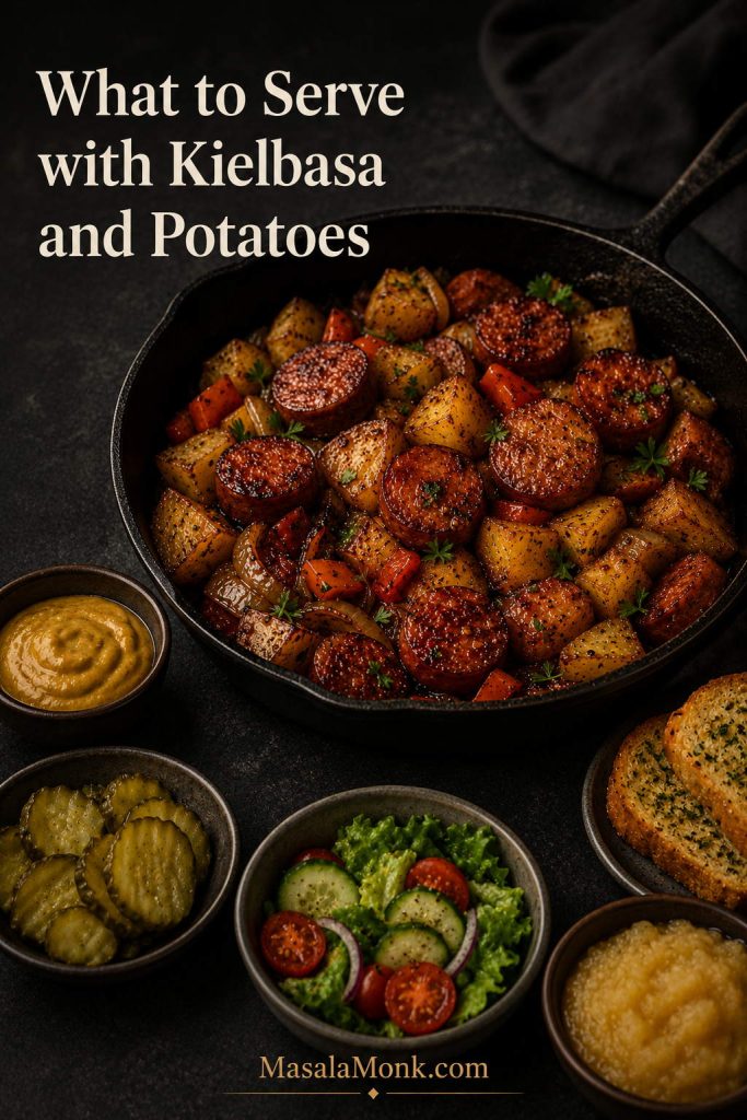 Skillet of kielbasa and potatoes served with mustard, pickles, salad, bread, and applesauce.