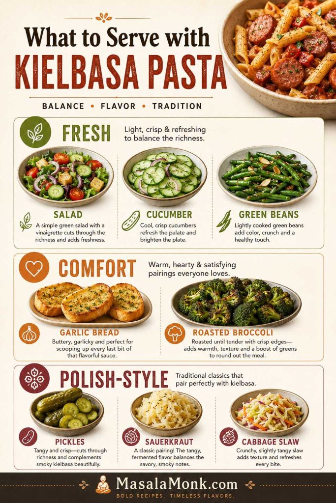 Serving guide for kielbasa pasta with salad, cucumber, green beans, garlic bread, roasted broccoli, pickles, sauerkraut, and cabbage slaw.