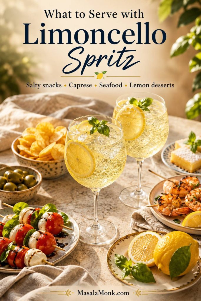 Limoncello spritz glasses served with olives, chips, caprese skewers, grilled shrimp, lemons, herbs, and lemon dessert on a warm aperitivo table.