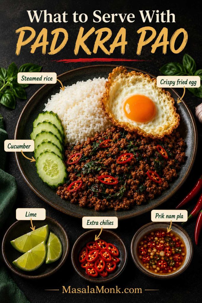 Serving spread for Pad Kra Pao with rice, crispy fried egg, cucumber, lime, extra chilies, and prik nam pla labels.