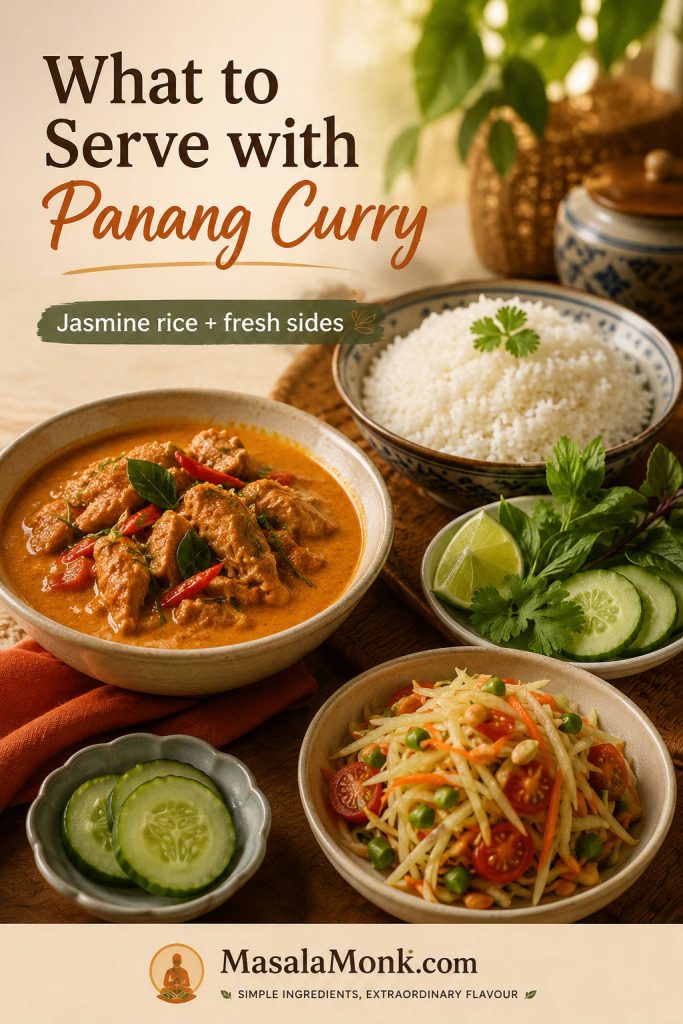 Panang curry served with jasmine rice, cucumber, herbs, lime, and a fresh Som Tam-style side dish on a warm table.