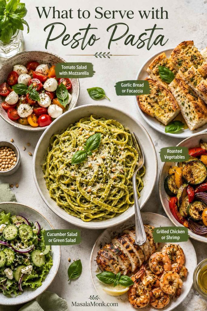 Pesto pasta served with tomato mozzarella salad, garlic bread, roasted vegetables, cucumber salad, chicken and shrimp