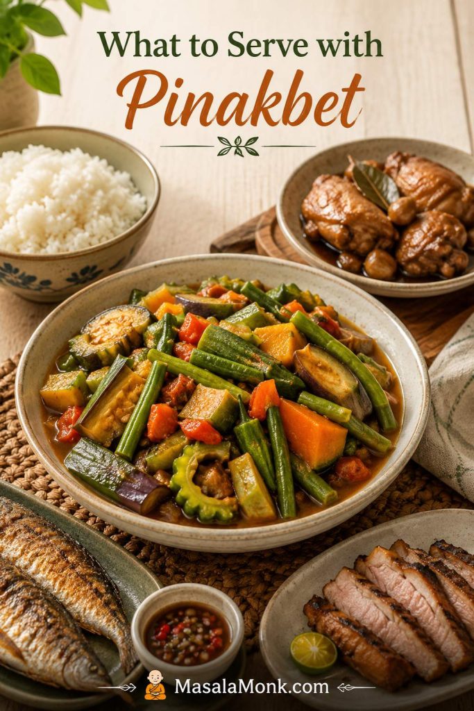 Filipino meal spread with Pinakbet Tagalog, steamed rice, adobo, fried fish, grilled pork, dipping sauce, and calamansi.
