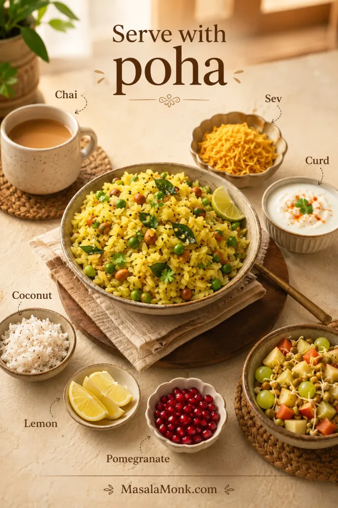 Poha serving spread with chai, sev, curd, coconut, lemon wedges, pomegranate, and sprouts.