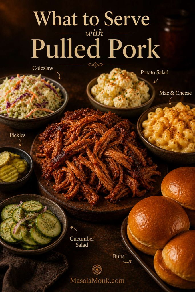 Serving spread with pulled pork, coleslaw, pickles, potato salad, macaroni and cheese, cucumber salad, and buns.