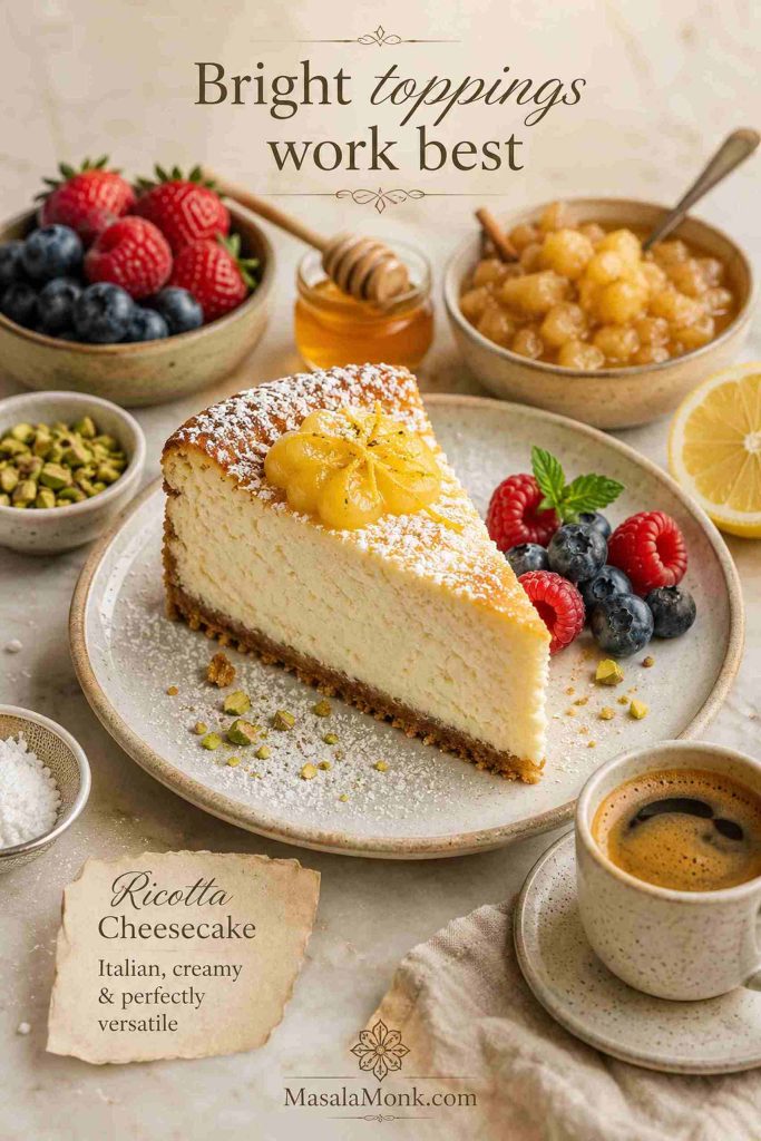 Ricotta cheesecake slice served with berries, lemon curd, honey, pistachios, apple topping, powdered sugar, and coffee