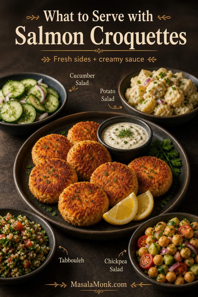 Salmon croquettes served with cucumber salad, potato salad, tabbouleh, chickpea salad, lemon wedges, and creamy sauce