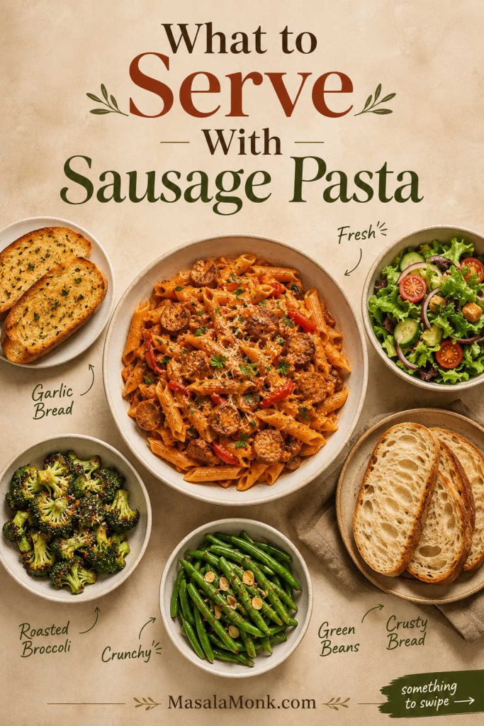 Serving guide for sausage pasta with garlic bread, green salad, roasted broccoli, green beans, and crusty bread around the main pasta bowl.