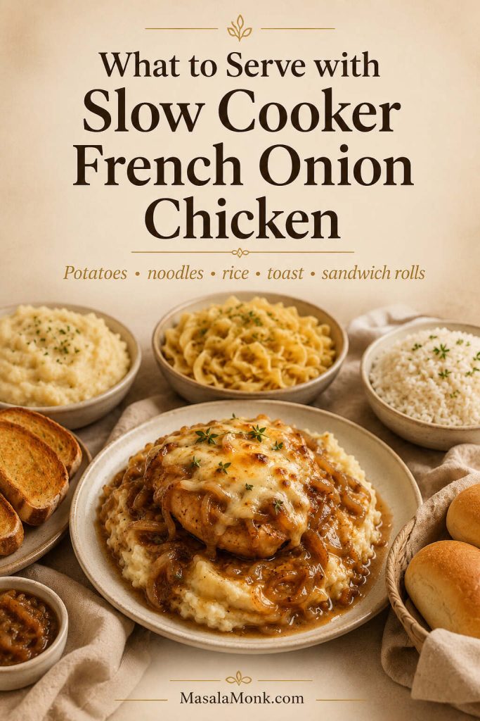 Serving ideas for slow cooker French onion chicken with mashed potatoes, noodles, rice, toast, and sandwich rolls.