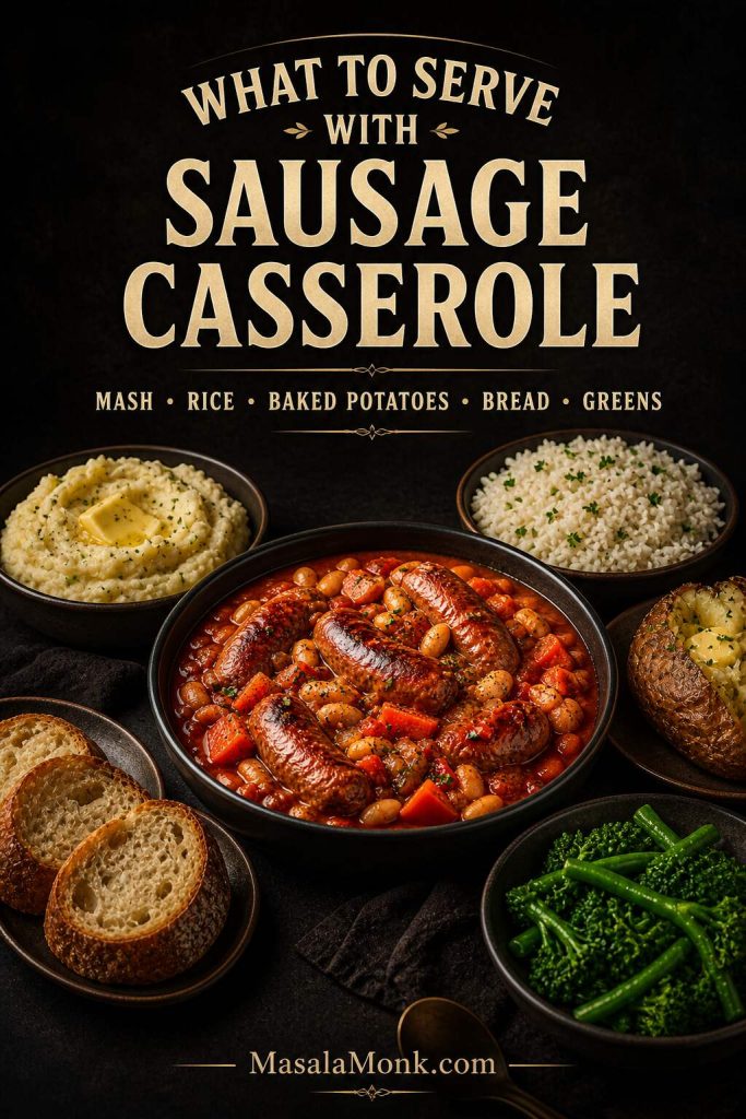 Serving suggestions for sausage casserole including mashed potatoes, rice, baked potato, crusty bread and steamed greens.